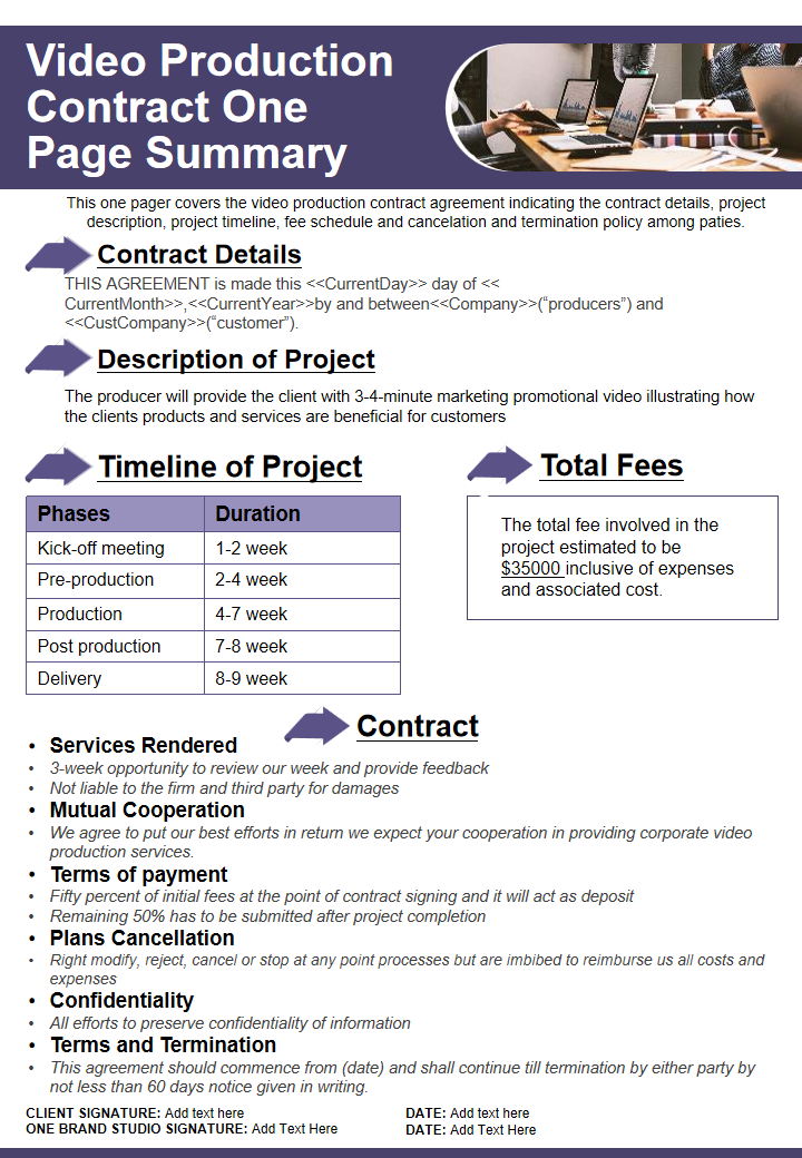 Video Production Contract One Page Summary 