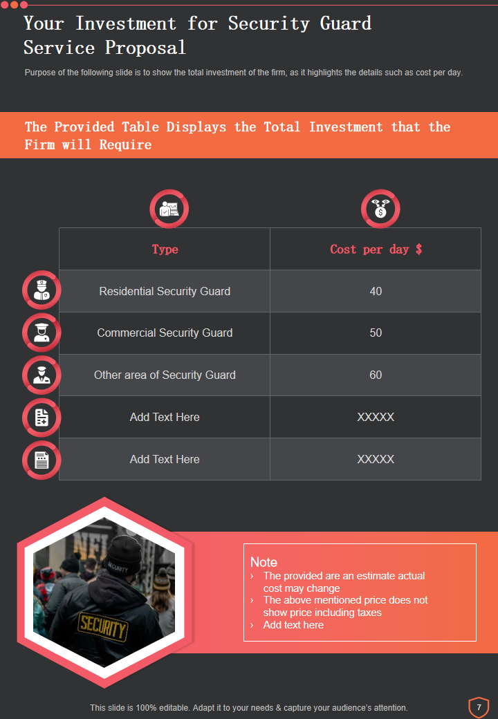Your Investment for Security Guard Service Proposal