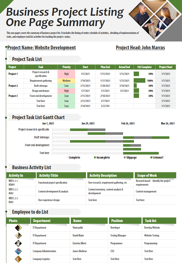 Business Project Listing One Page Summary 