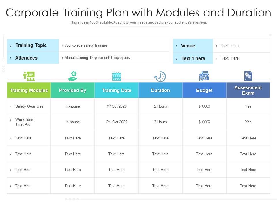 Corporate Training Plan with Modules and Duration PPT Slide