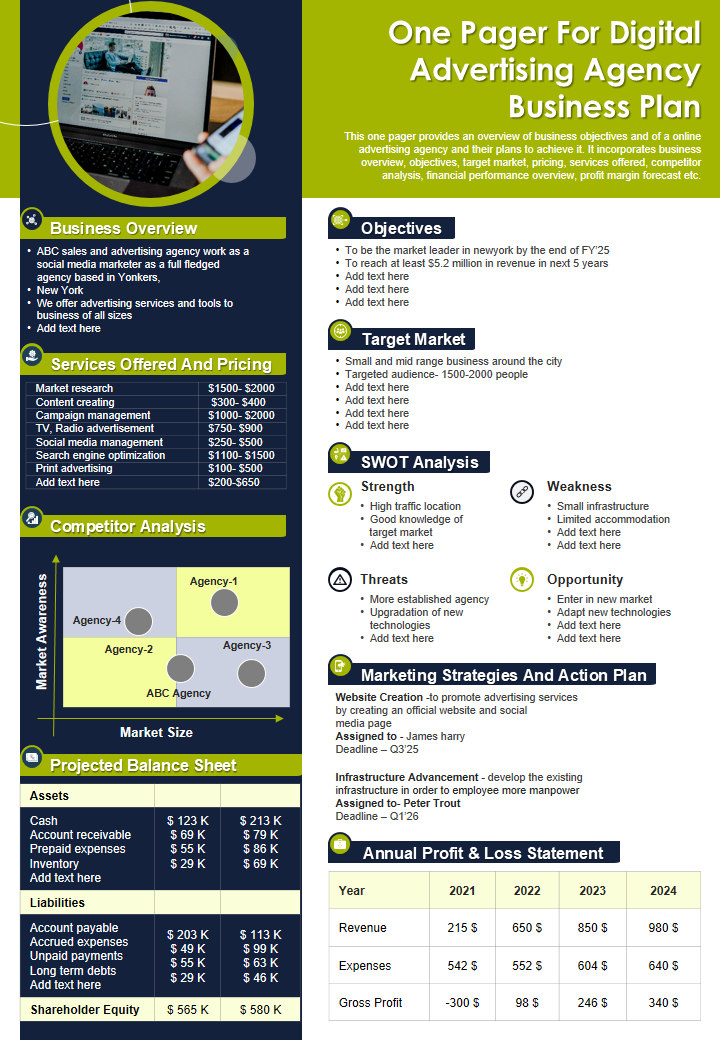 One Pager For Digital Advertising Agency Business Plan 