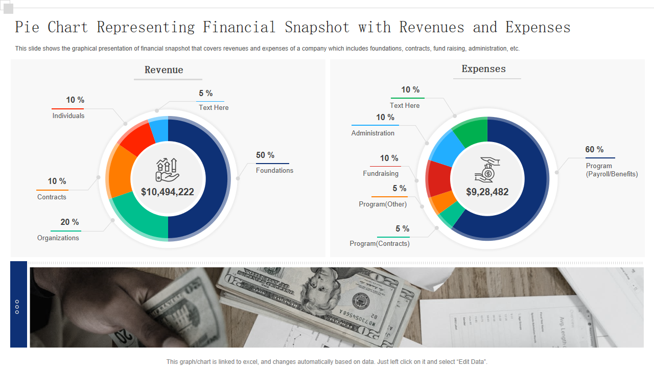 Pie Chart Representing Financial Snapshot with Revenues and Expenses 