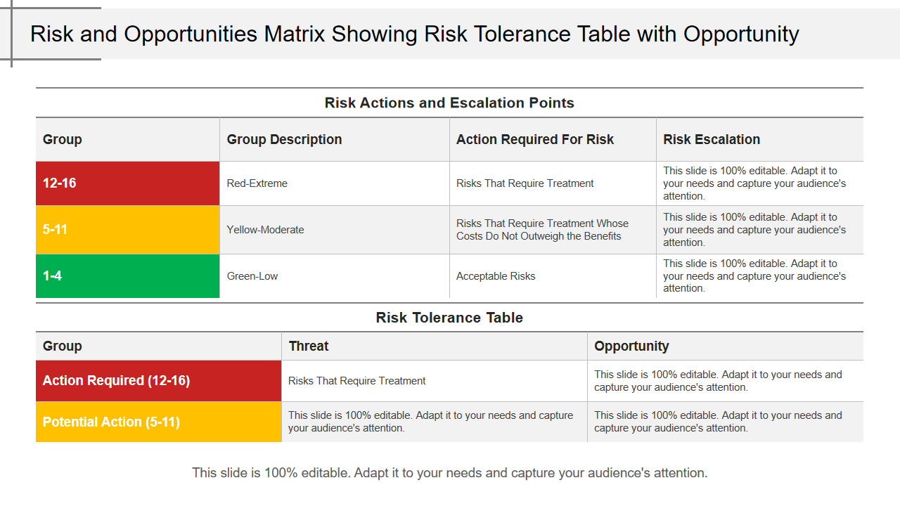 Risk and Opportunities Matrix Showing Risk Tolerance Table with Opportunity