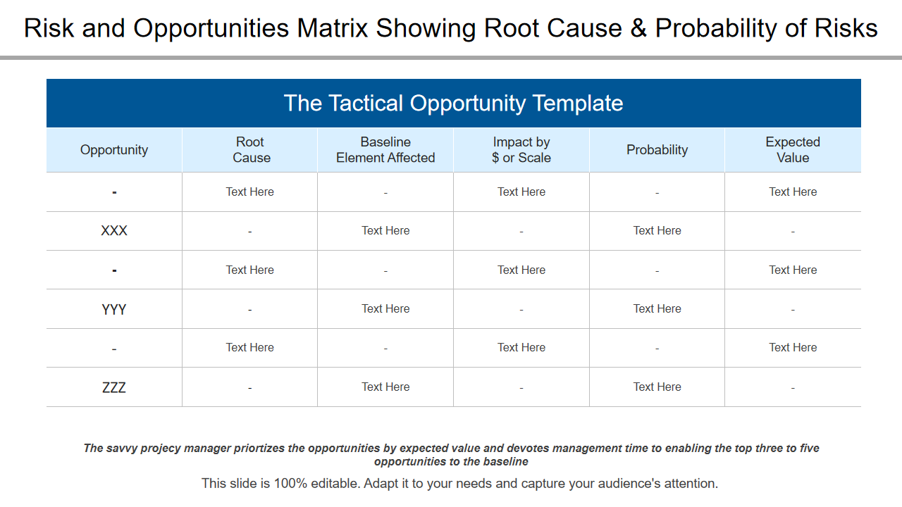 Risk and Opportunities Matrix Showing Root Cause & Probability of Risks