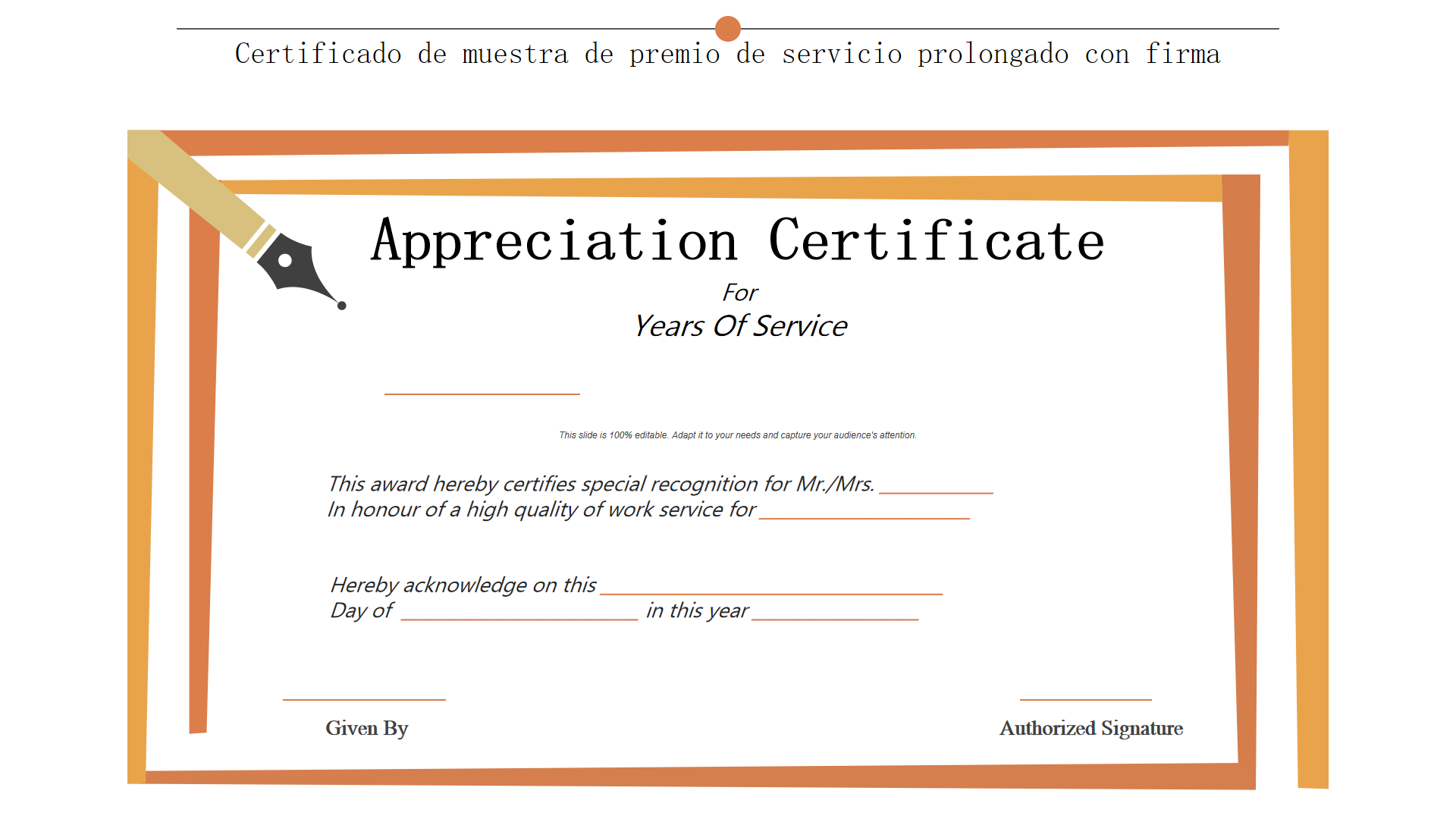 Certificado de muestra de premio de servicio prolongado con firma