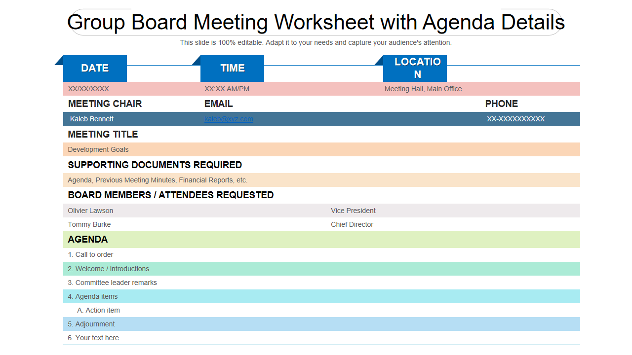 Group Board Meeting Worksheet with Agenda Details