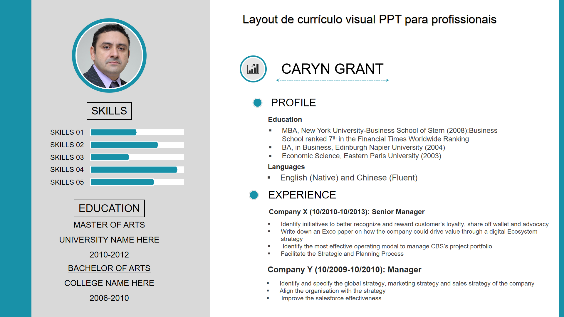 Layout de currículo visual PPT para profissionais