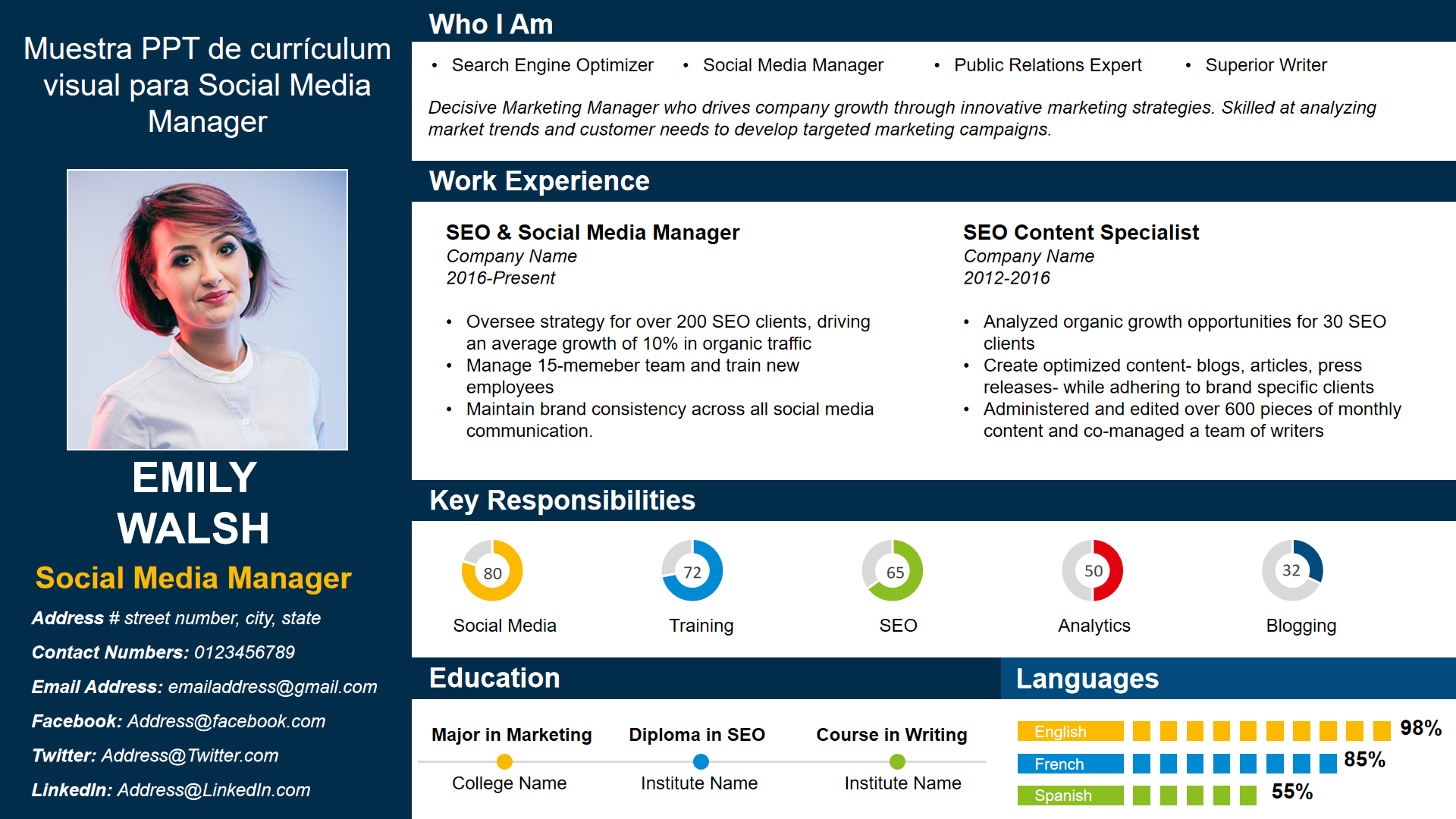Muestra PPT de currículum visual para Social Media Manager