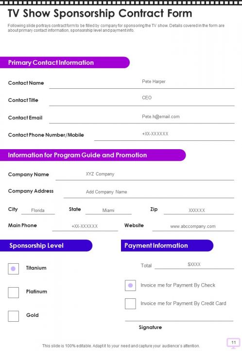 TV Show Sponsorship Contract Form Presentation Template