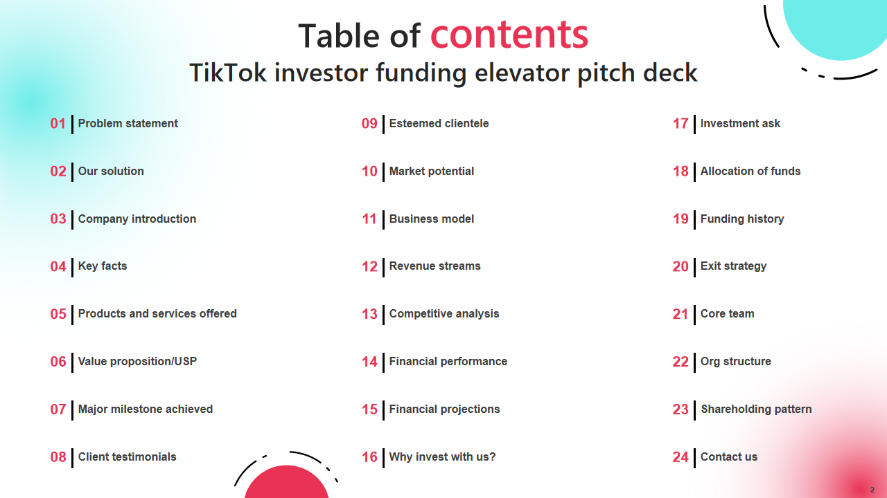 Table of contents TikTok investor funding elevator pitch deck