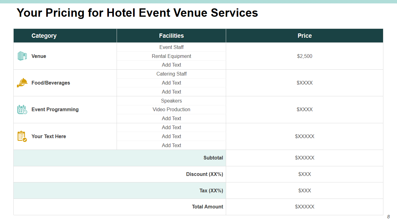 Your Pricing for Hotel Event Venue Services