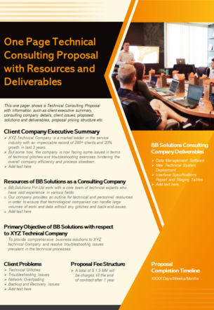 One page technical consulting proposal with resources and deliverables report infographic ppt pdf document
