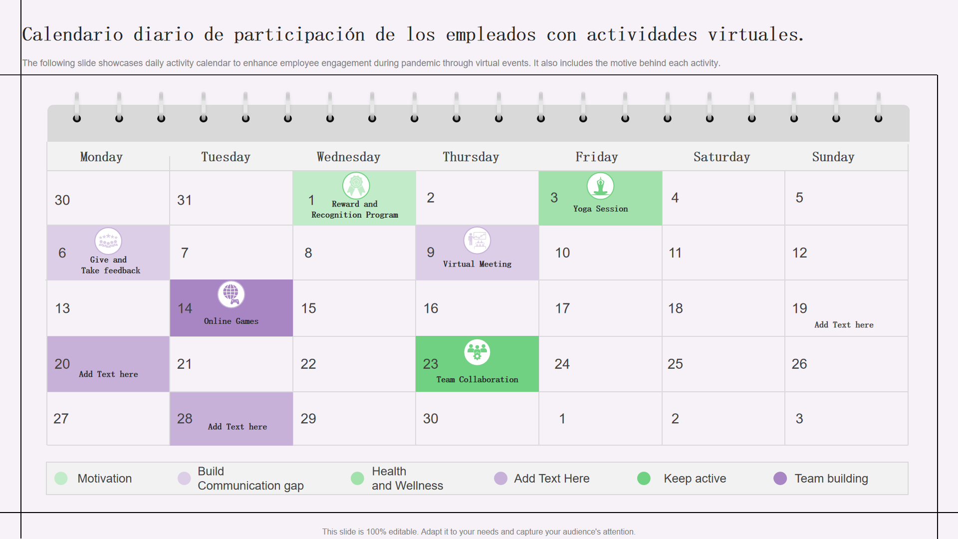 Calendario diario de participaci&oacute;n de los empleados con actividades virtuales