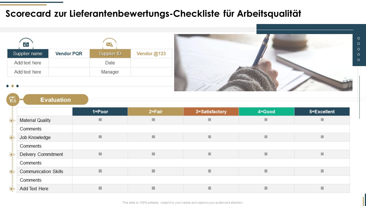 Scorecard zur Lieferantenbewertungs-Checkliste für Arbeitsqualität Scorecard zur Lieferantenbewertungs-Checkliste für Arbeitsqualität