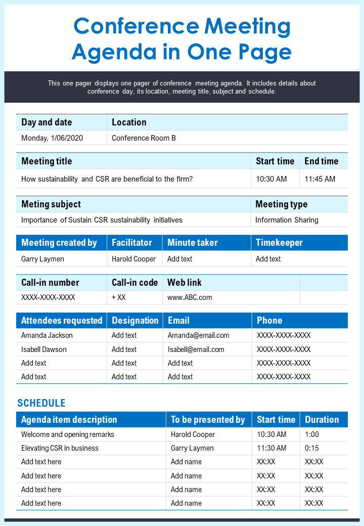 Conference Meeting Agenda in One Page Report Template Conference Meeting Agenda in One Page Report Template