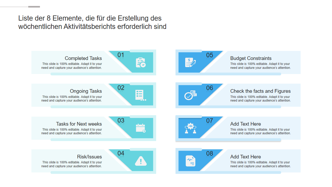 Liste der 8 Elemente, die f&uuml;r die Erstellung des w&ouml;chentlichen Aktivit&auml;tsberichts erforderli