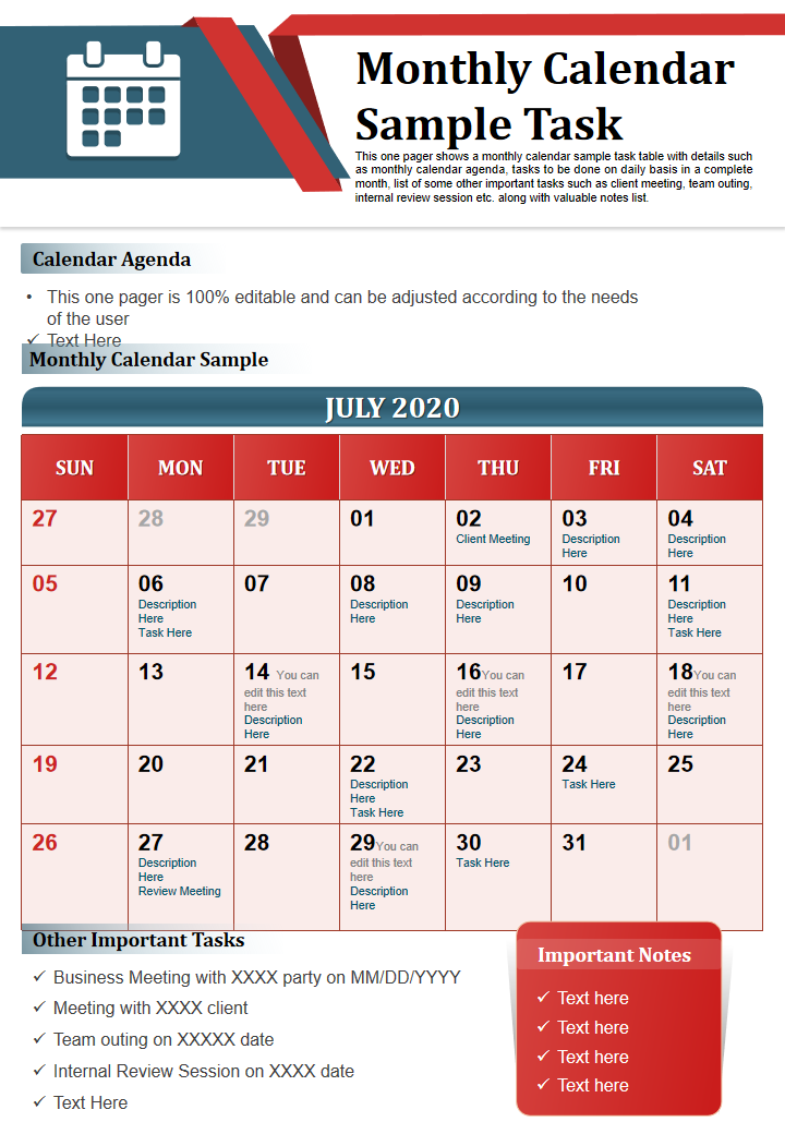 Monthly Calendar Sample Task