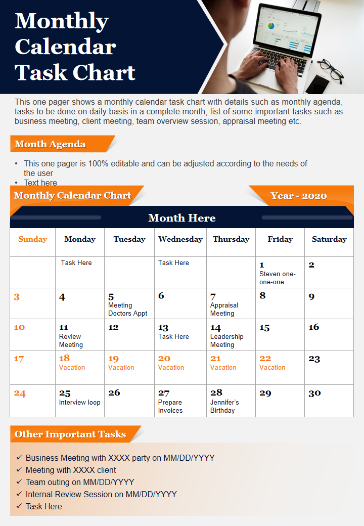 Monthly Calendar Task Chart