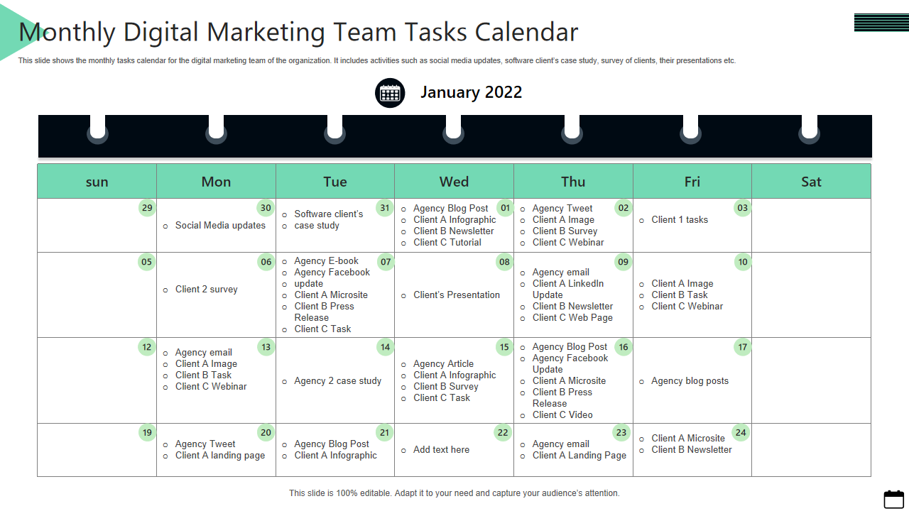 Monthly Digital Marketing Team Tasks Calendar