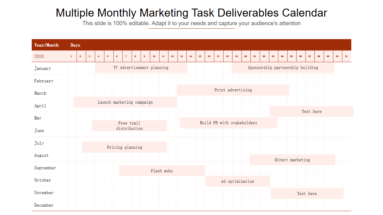 Multiple Monthly Marketing Task Deliverables Calendar