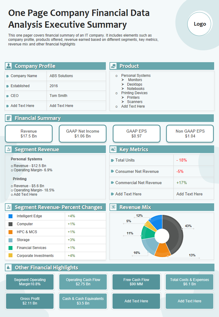 One Page Company Financial Data Analysis Executive Summary