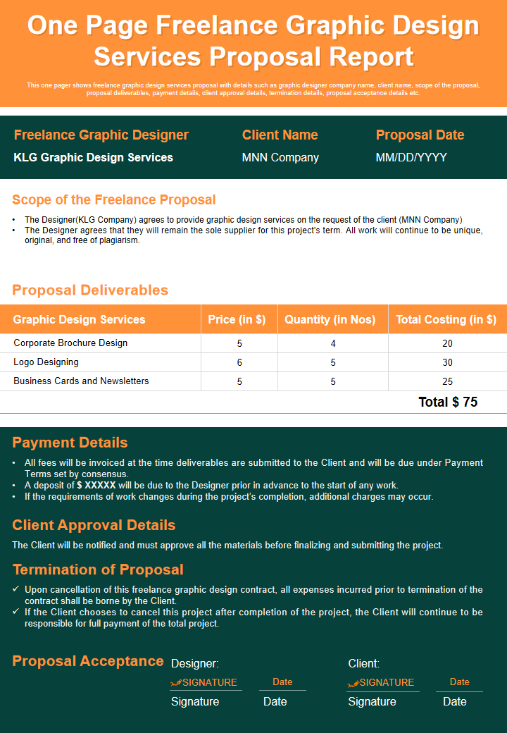 One Page Freelance Graphic Design Services Proposal Report