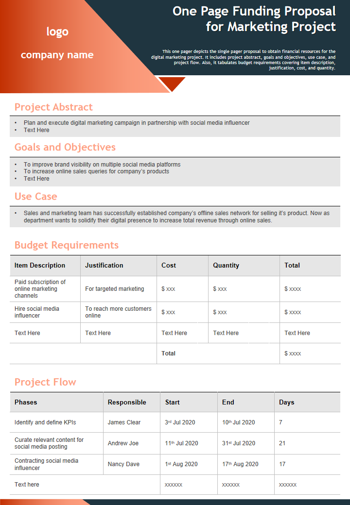 One Page Funding Proposal for Marketing Project