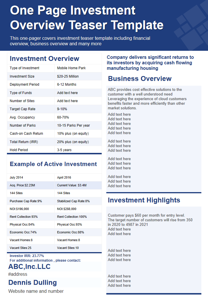 One Page Investment Overview Teaser Template