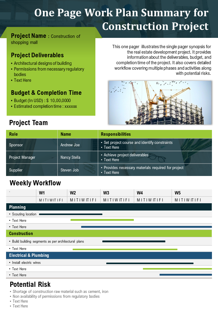 One Page Work Plan Summary for Construction Project