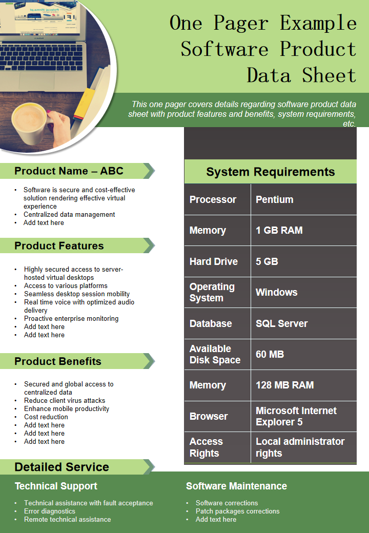 One Pager Example Software Product Data Sheet
