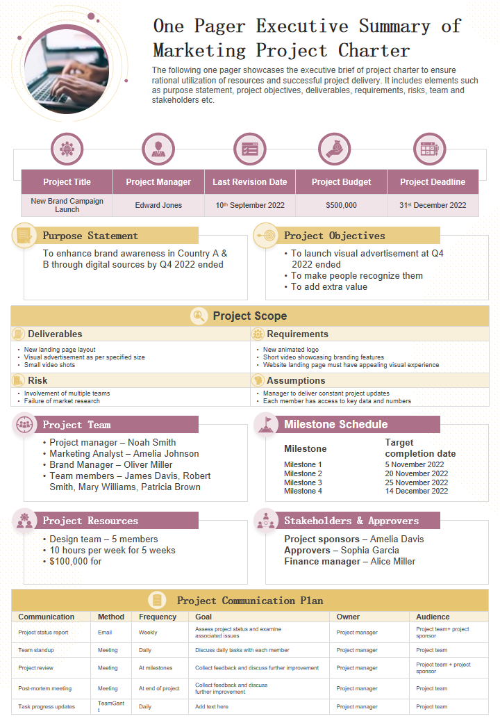 One Pager Executive Summary of Marketing Project Charter