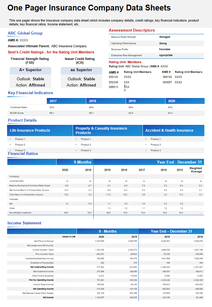 One Pager Insurance Company Data Sheets