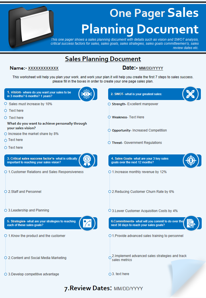 One Pager Sales Planning Document