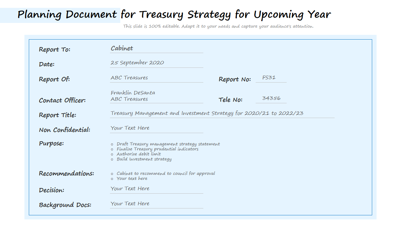Planning Document for Treasury Strategy for Upcoming Year