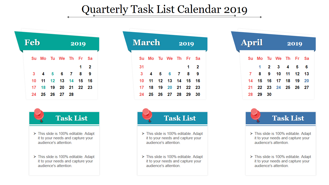 Quarterly Task List Calendar 2019