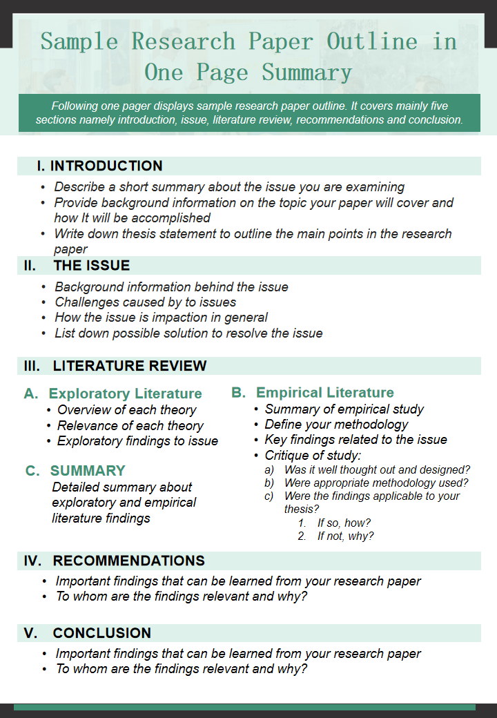 Sample Research Paper Outline in One Page Summary