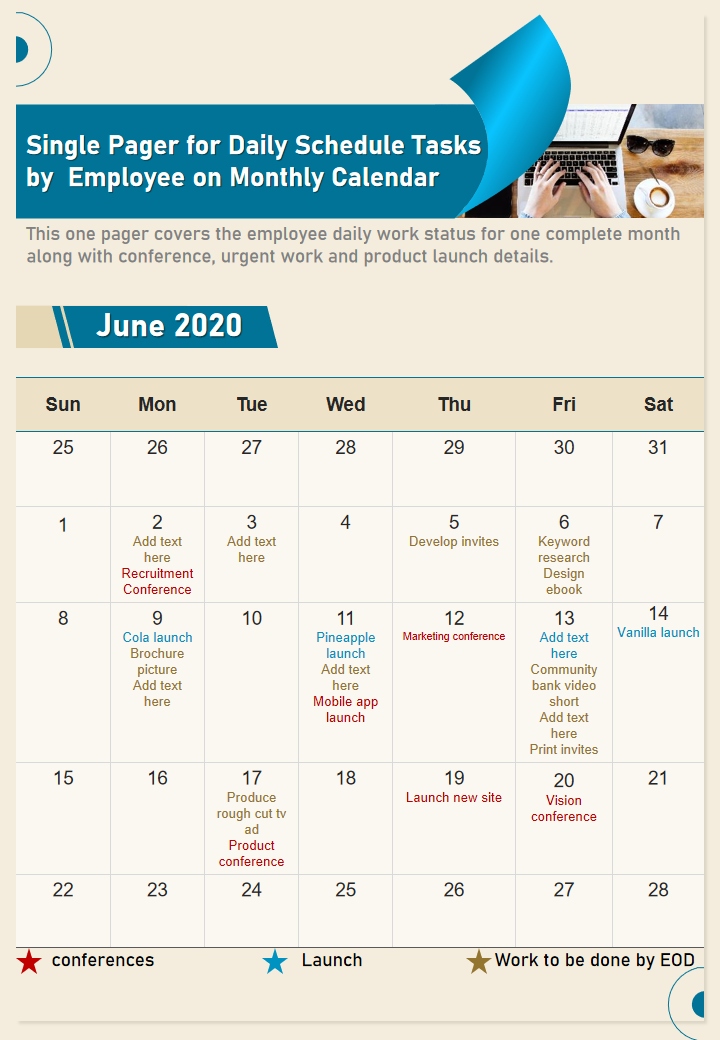 Single Pager for Daily Schedule Tasks by Employee on Monthly Calendar