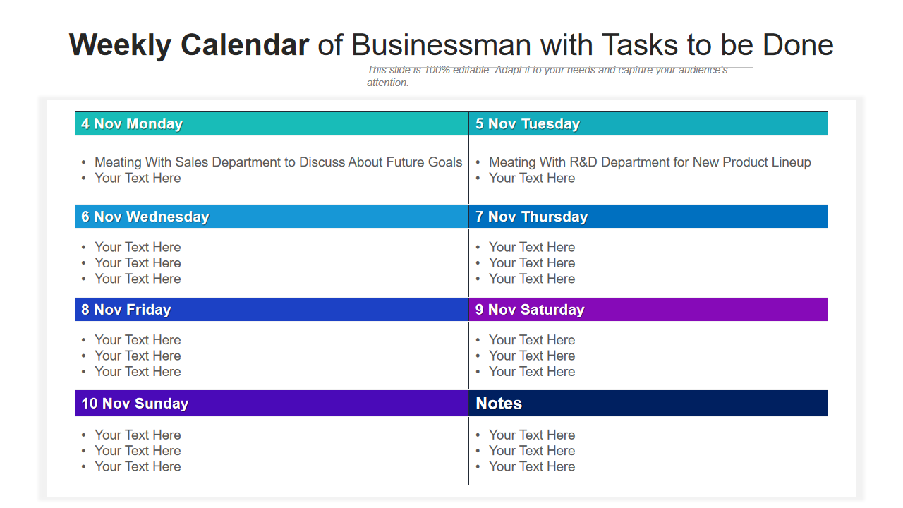 Weekly Calendar of Businessman with Tasks to be Done