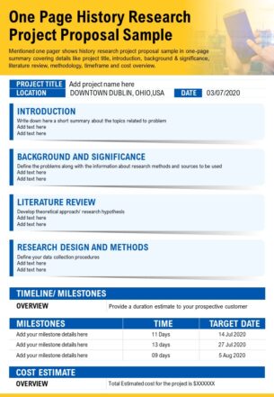 One page history research project proposal sample presentation report infographic ppt pdf document