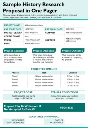 Sample history research proposal in one pager presentation report infographic ppt pdf document