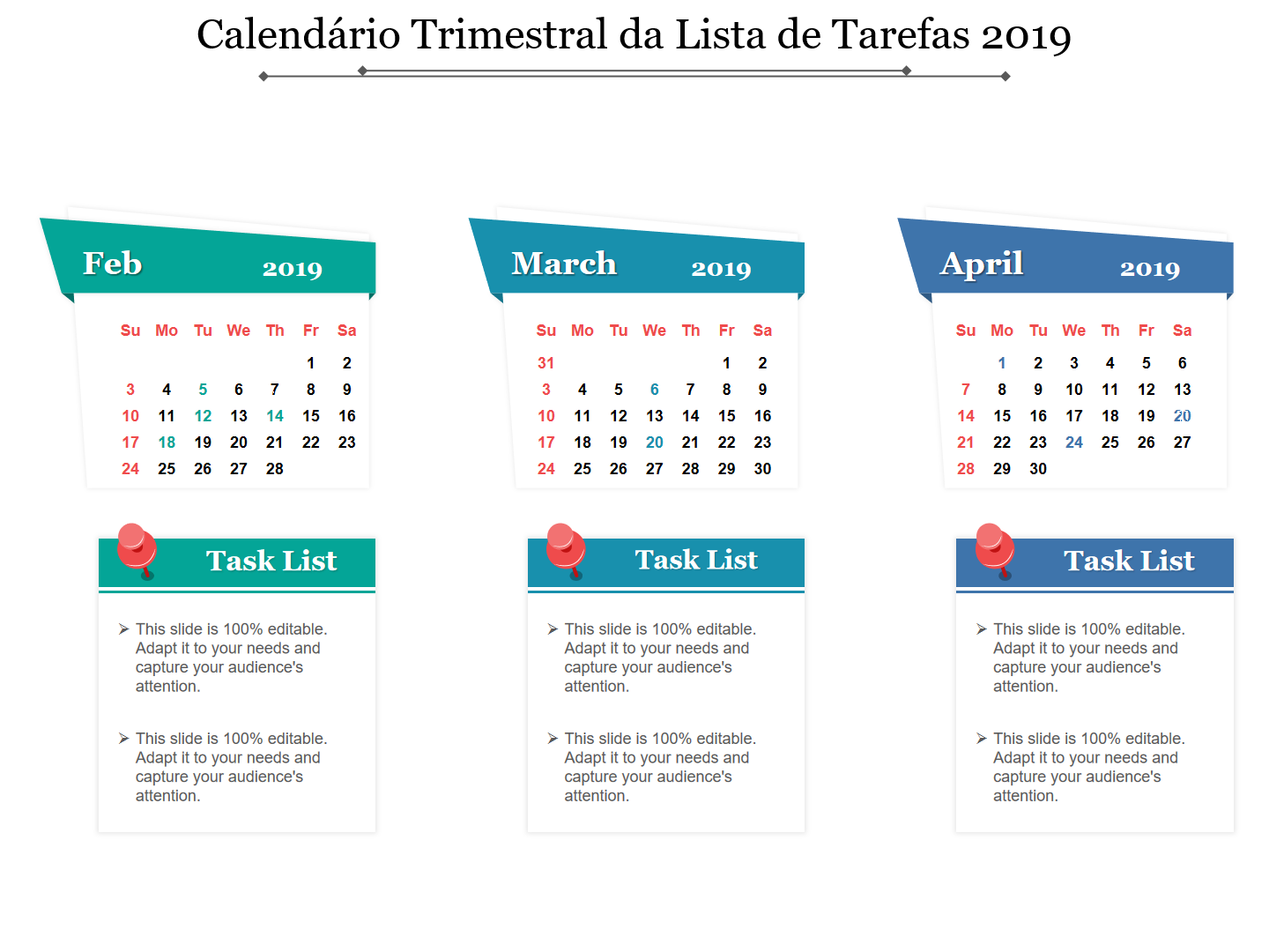 Calend&aacute;rio Trimestral da Lista de Tarefas 2019