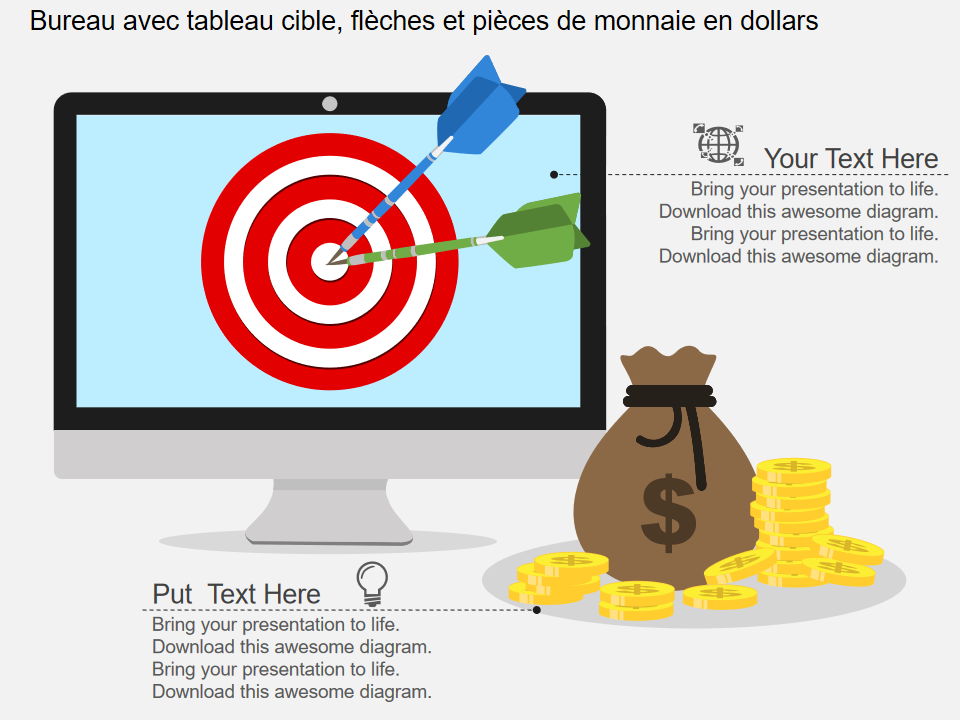 Bureau avec tableau cible, fl&egrave;ches et pi&egrave;ces de monnaie en dollars