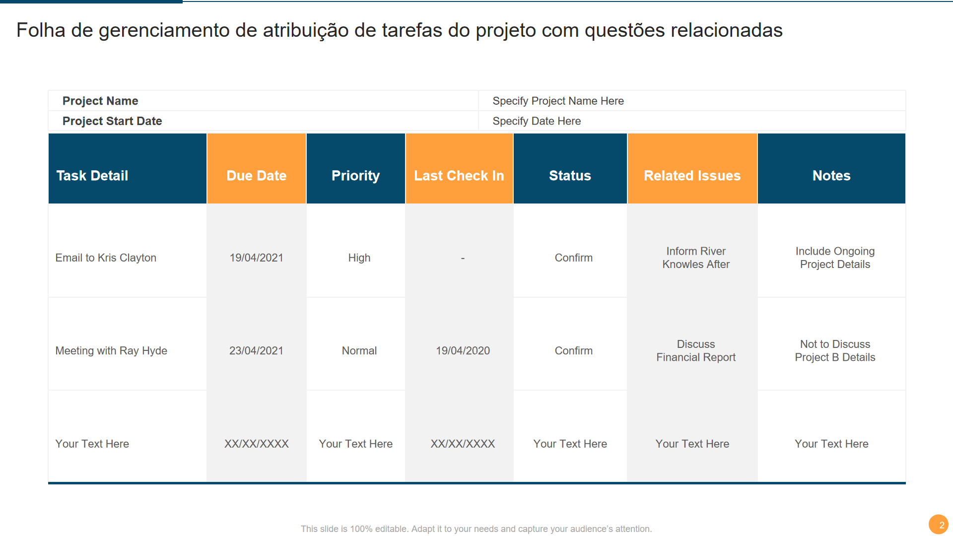 Folha de gerenciamento de atribui&ccedil;&atilde;o de tarefas do projeto com quest&otilde;es relacionadas