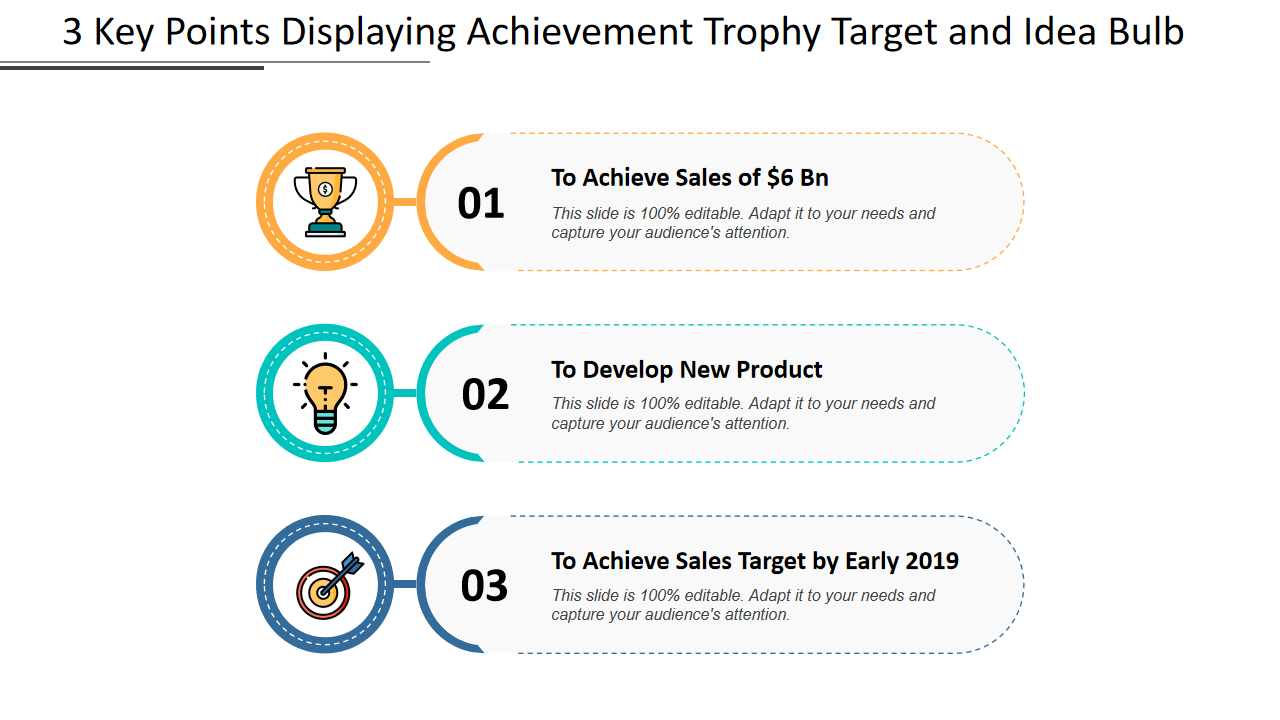 3 Key Points Displaying Achievement Trophy Target and Idea Bulb