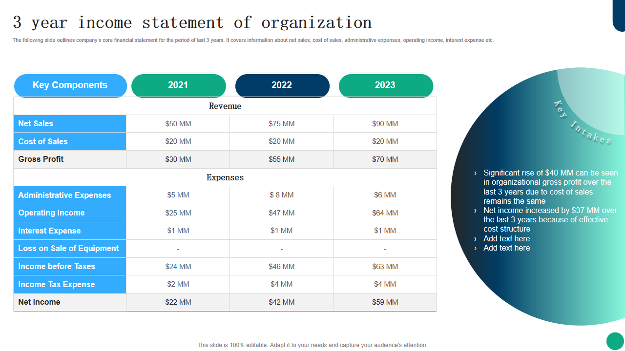 3 year income statement of organization