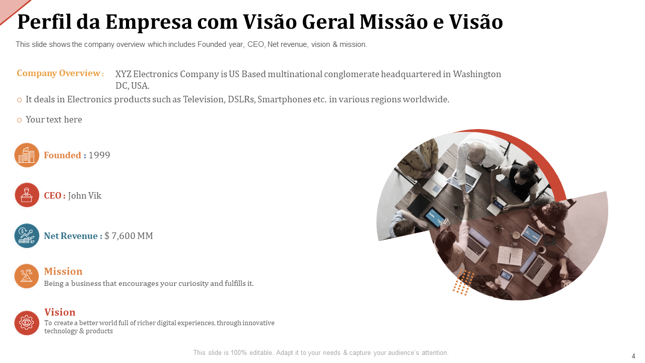 Perfil da Empresa com Vis&atilde;o Geral Miss&atilde;o e Vis&atilde;o