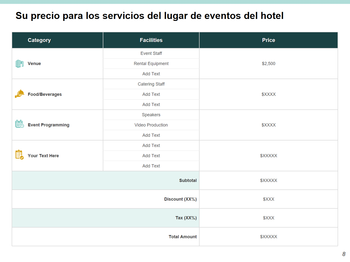 Su precio para los servicios del lugar de eventos del hotel