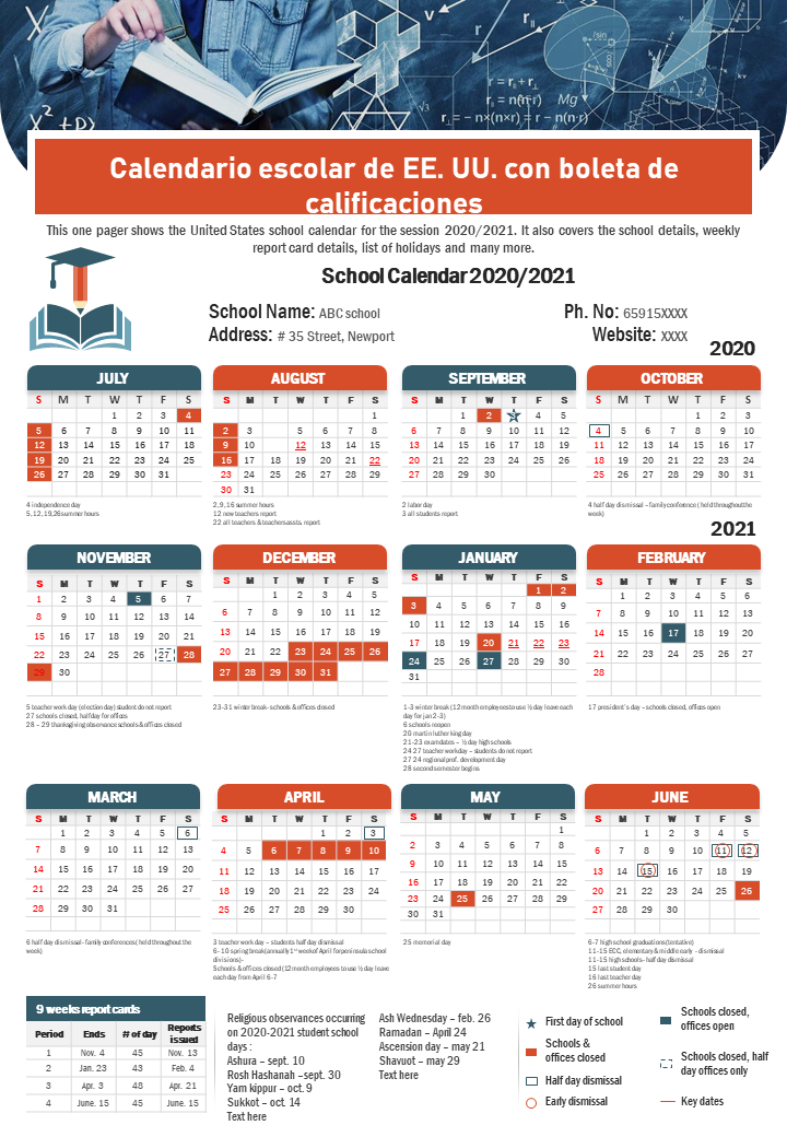 Calendario escolar de EE. UU. con boleta de calificaciones