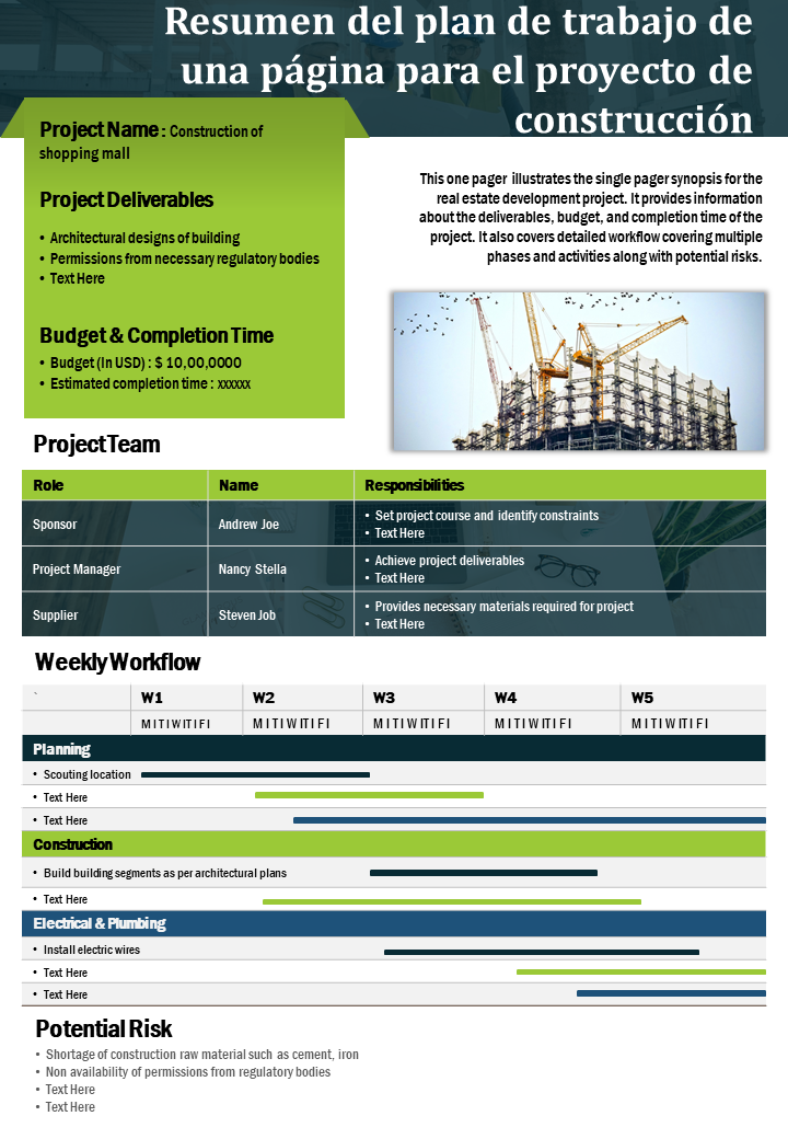  Resumen del plan de trabajo de una p&aacute;gina para el proyecto de construcci&oacute;n