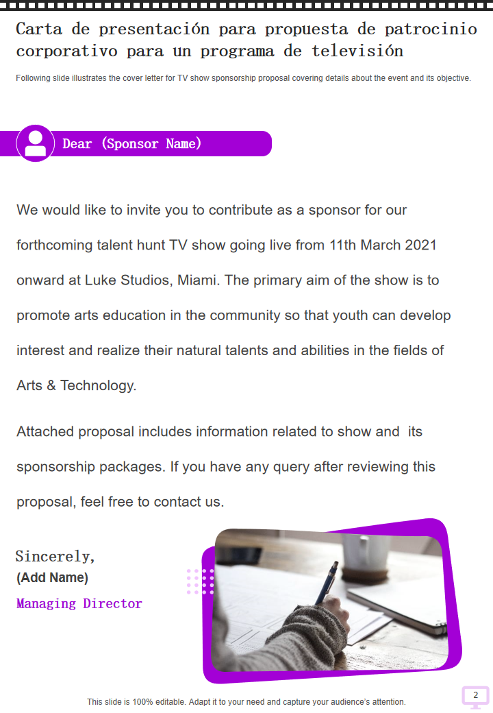 Carta de presentación para propuesta de patrocinio corporativo para un programa de televisión 